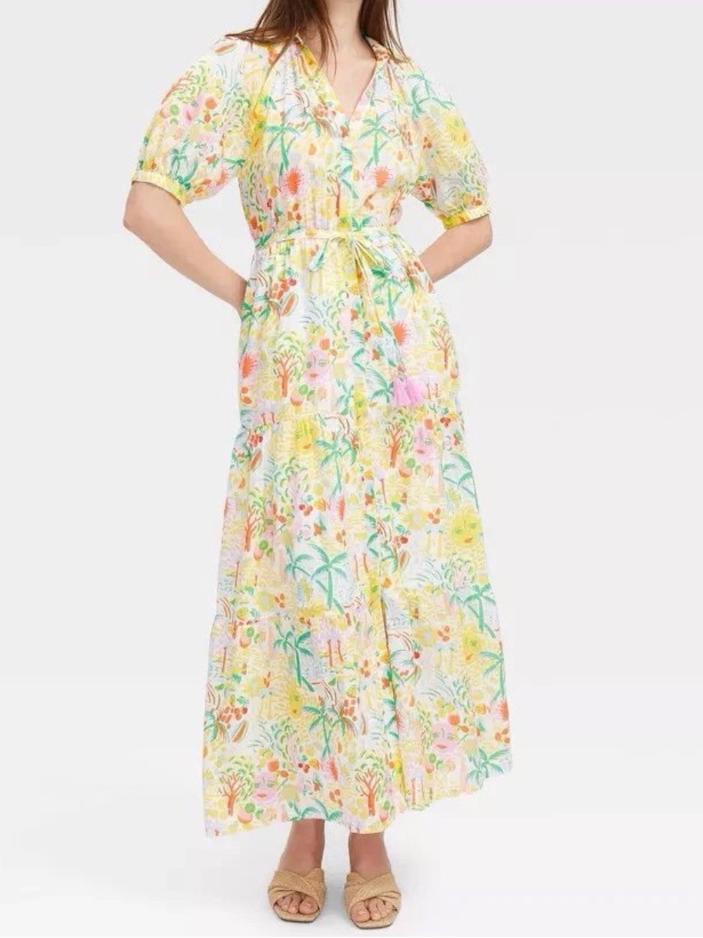 Printed Floral Maxi Dress with Puff Sleeves in Multicolor
